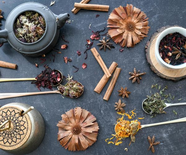 Herbal tea and morning wellness routine layout